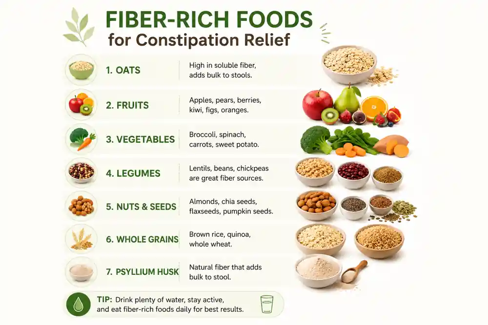 Infographic showing fibre-rich foods for constipation relief, including oats, fruits, vegetables, legumes, nuts, seeds, whole grains, and psyllium husk.