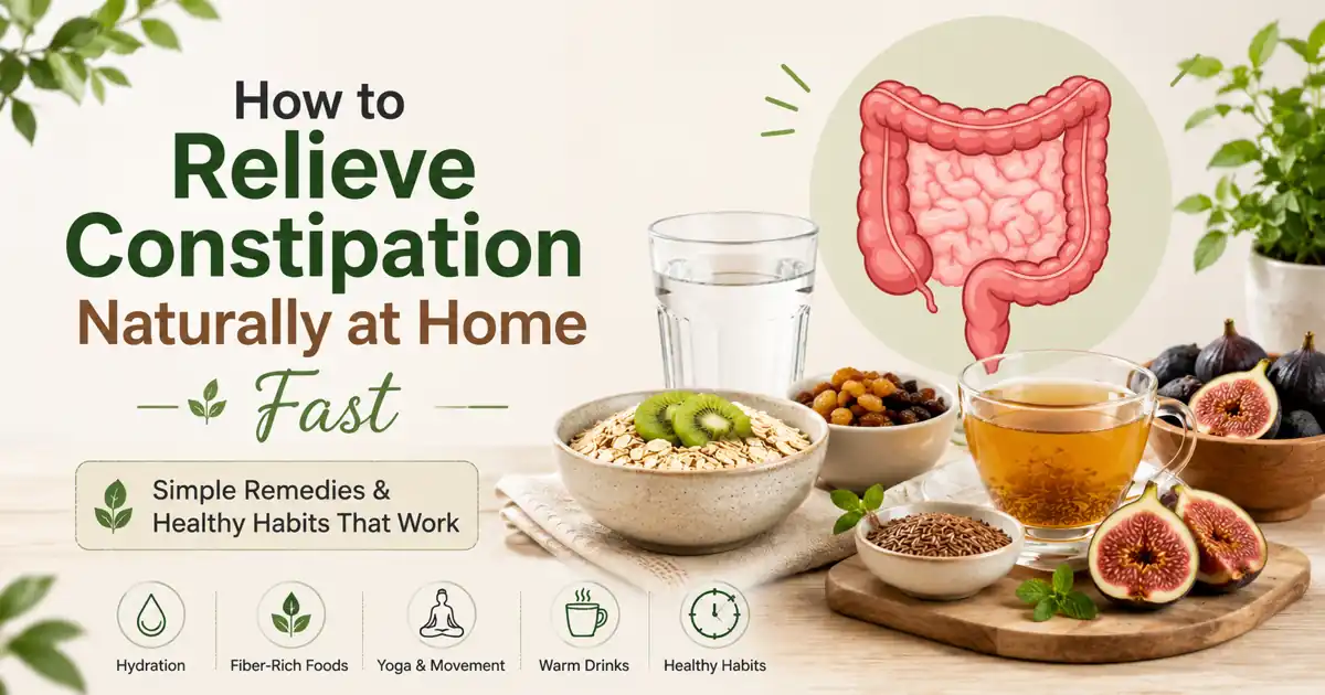 Natural ways to relieve constipation at home including hydration, fibre-rich foods, warm drinks, yoga, and healthy digestion-supporting habits.