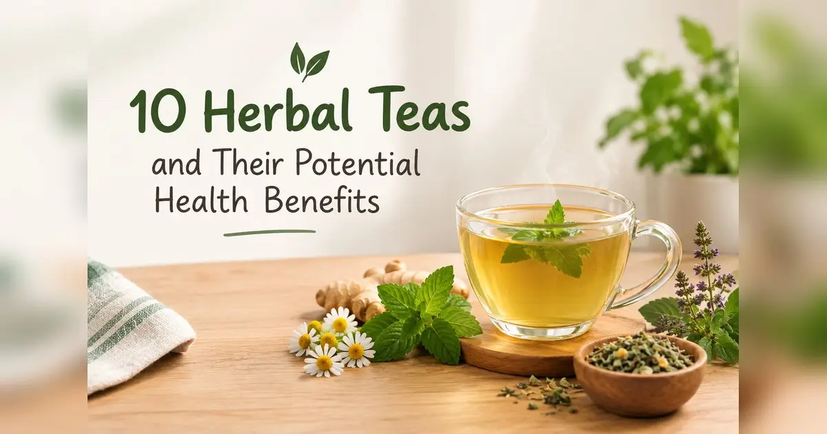 A glass cup of herbal tea garnished with mint, surrounded by fresh flowers and dried herbs on a wooden table, featuring text that reads "10 Herbal Teas to Try."