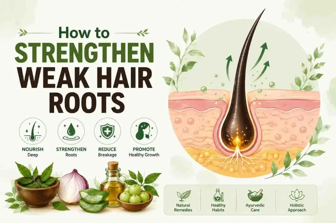 Graphic illustration showing how to strengthen weak hair roots naturally with scalp nourishment, Ayurvedic care, healthy habits, and natural remedies for stronger hair growth.