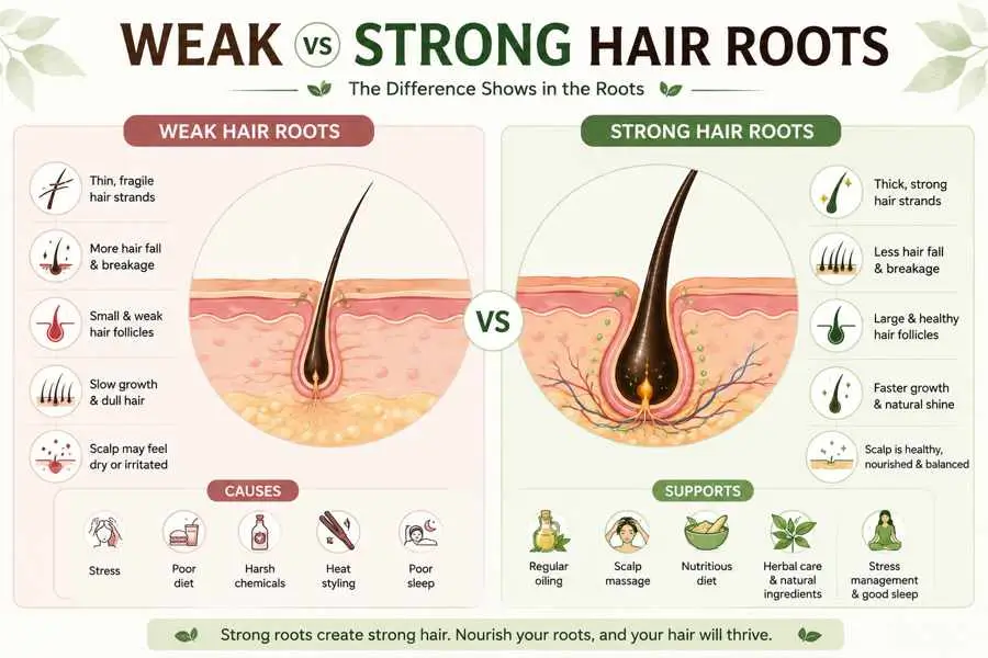 Weak vs strong hair roots comparison infographic showing healthy and damaged hair follicles.