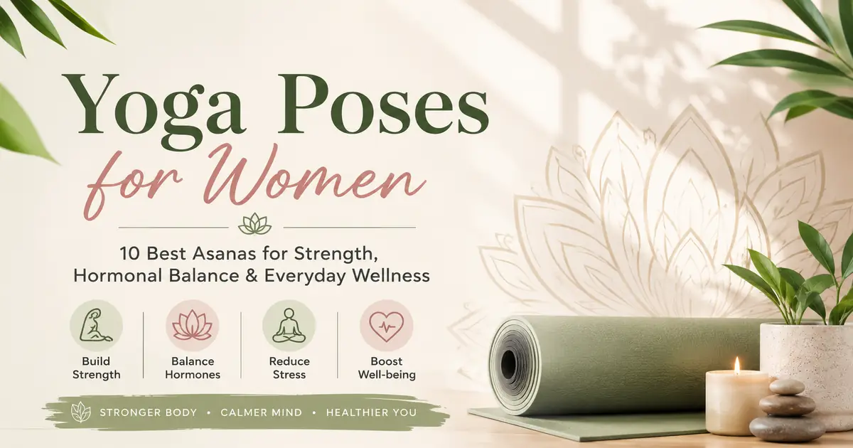 Yoga poses for women featured image with wellness-themed yoga mat, lotus design, and symbols representing strength, hormonal balance, stress relief, and overall well-being.