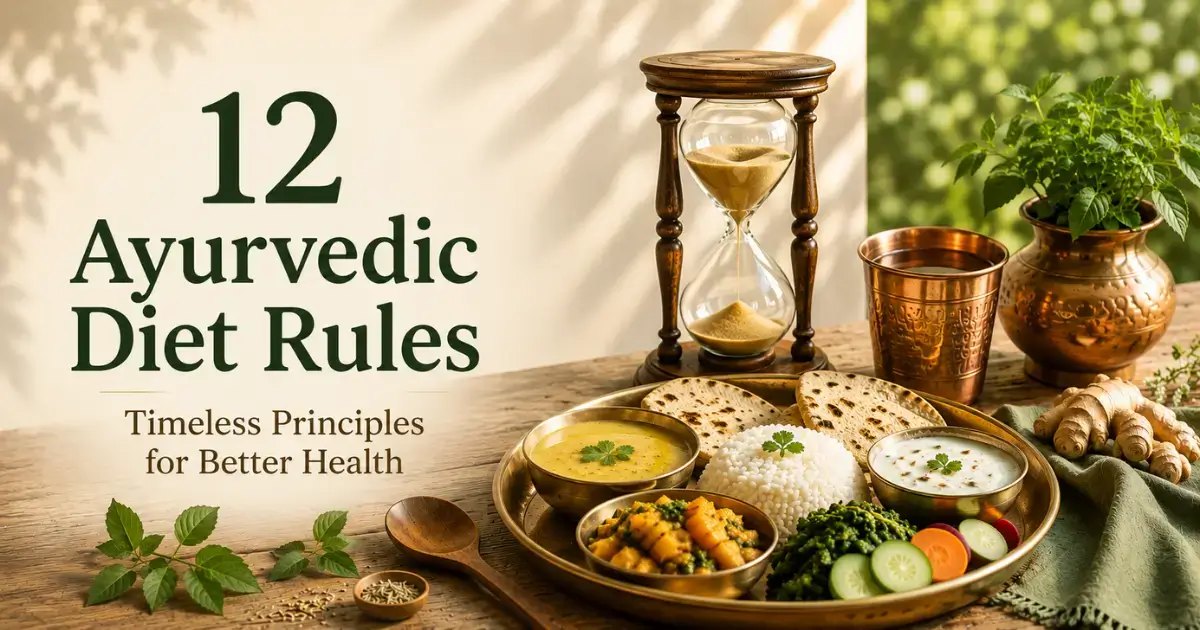 Traditional Ayurvedic meal with copper utensils representing 12 Ayurvedic diet rules for better health.
