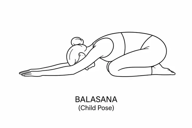 Female outline illustration demonstrating Balasana (Child's Pose) yoga pose.