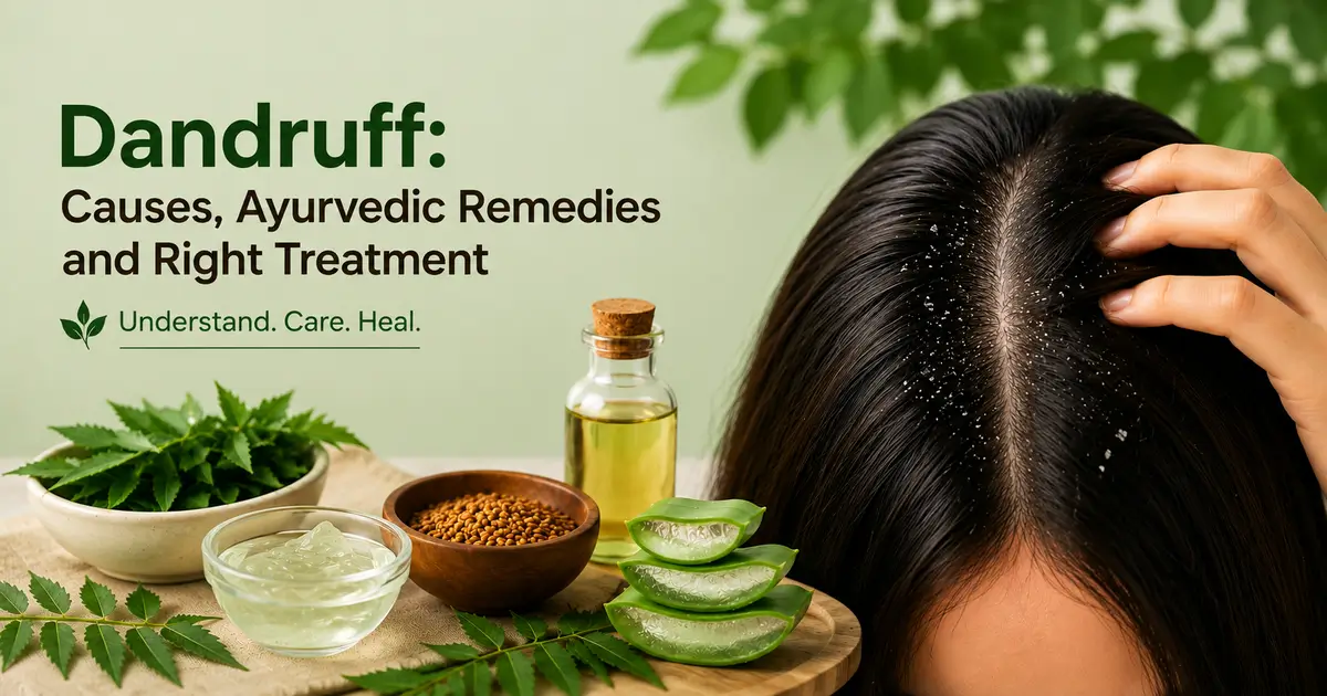 Dandruff with visible scalp flakes alongside natural ingredients including neem leaves, fenugreek seeds, aloe vera, and herbal oil.