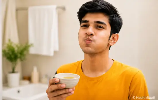 Person demonstrating how to do oil pulling by gently swishing edible oil in the mouth.