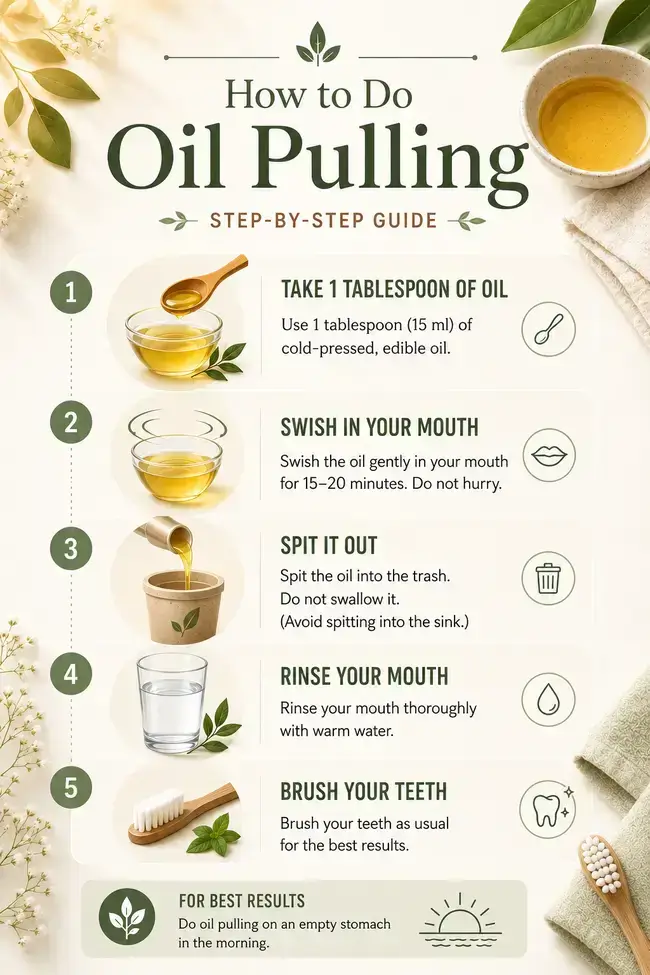 Step-by-step infographic showing how to do oil pulling with edible oil, including swishing, spitting, rinsing, and brushing.