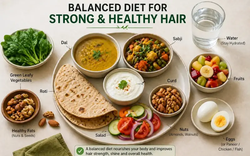 Indian balanced diet roti, sabji, dal, dahi, salad, fruits and eggs for healthy hair