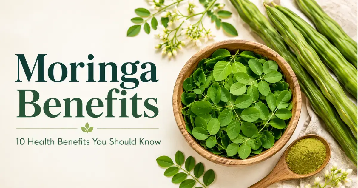Fresh Moringa leaves, drumstick pods and moringa powder highlighting the health benefits of Moringa