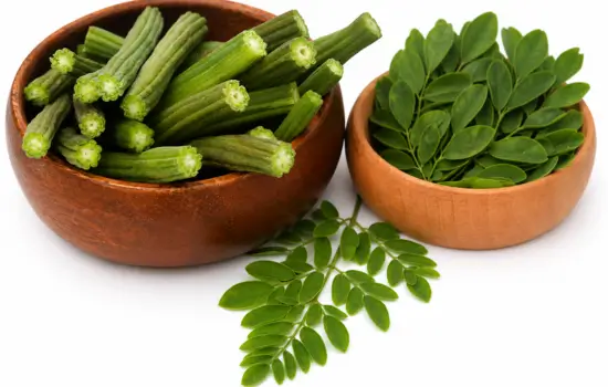 Fresh Moringa oleifera leaves and drumstick pods