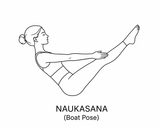 Female outline illustration demonstrating Naukasana (Boat Pose) yoga pose.