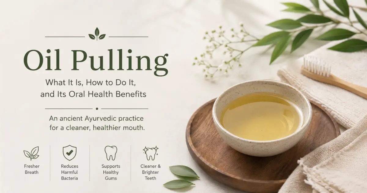 Oil pulling with a bowl of edible oil, toothbrush, and natural elements illustrating Ayurvedic oral care.