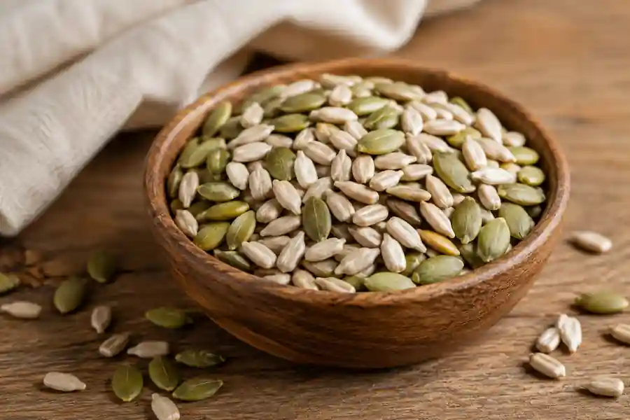Pumpkin and sunflower seeds in a wooden bowl, rich in healthy fats and vitamin E for healthy glowing skin