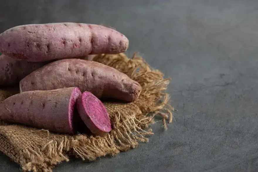 Purple sweet potatoes placed on a jute cloth background rich in antioxidants and skin-friendly nutrients
