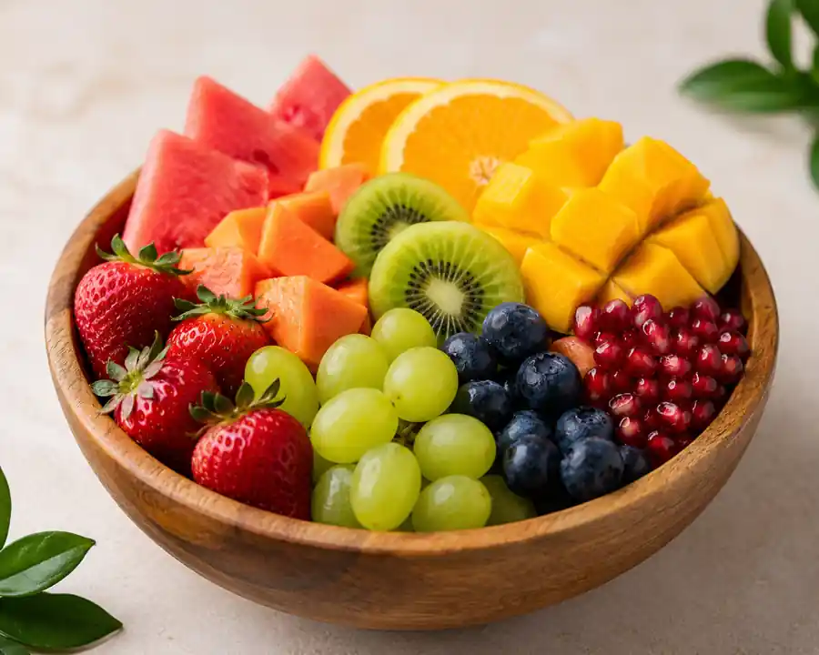 Seasonal fruits in a wooden bowl for naturally glowing and healthy skin
