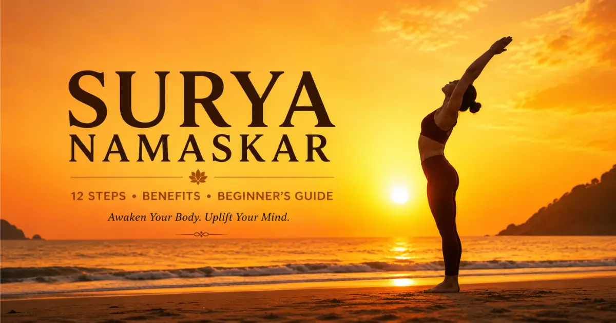 Woman performing Hasta Uttanasana (Raised Arms Pose) at sunrise for Surya Namaskar practice.