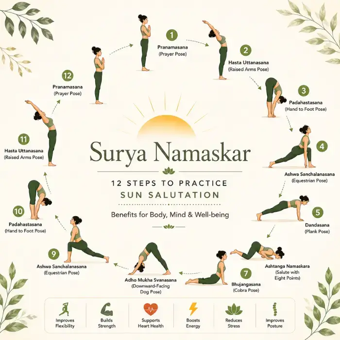 Infographic showing the 12 steps of Surya Namaskar (Sun Salutation) with pose names and key health benefits.