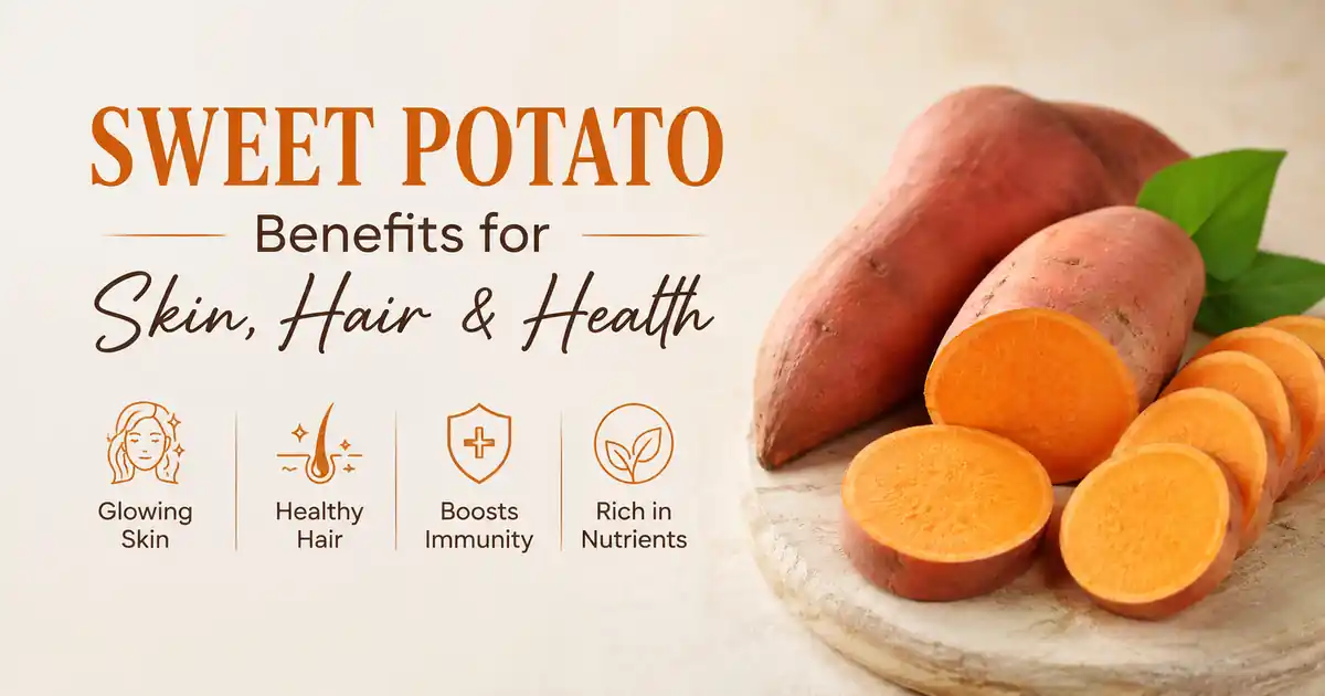 Featured image showing sweet potatoes and their benefits for healthy skin and hair
