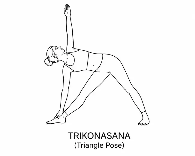 Female outline illustration demonstrating Trikonasana (Triangle Pose) yoga pose.