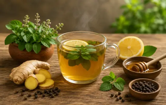 Fresh tulsi tea prepared with holy basil leaves, ginger, black pepper, lemon, and honey, served in a glass cup.