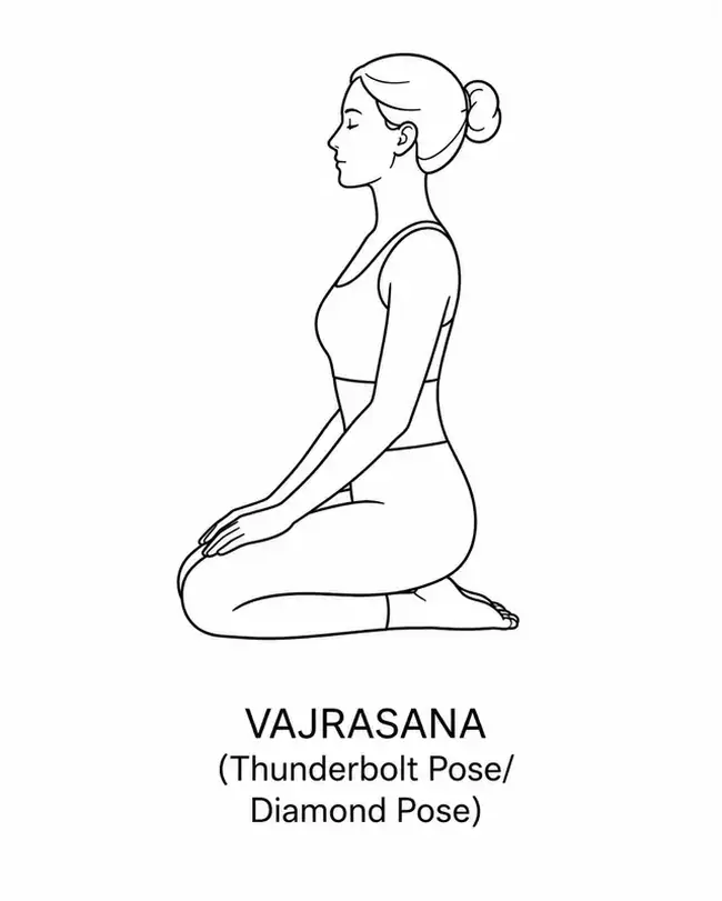Female outline illustration demonstrating Vajrasana (Thunderbolt Pose) yoga pose.