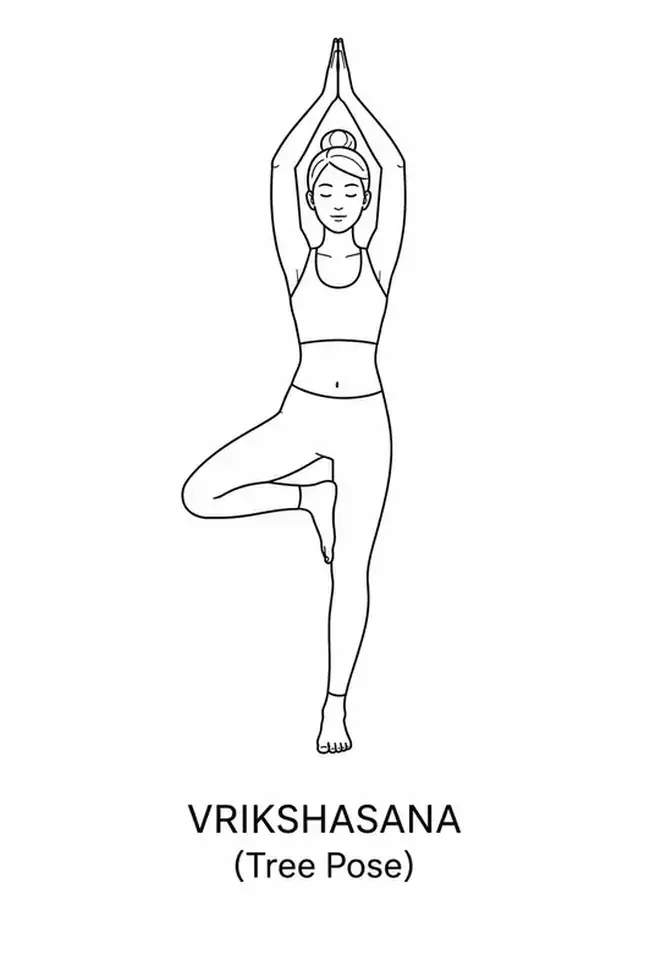 Female outline illustration demonstrating Vrikshasana (Tree Pose) yoga pose.