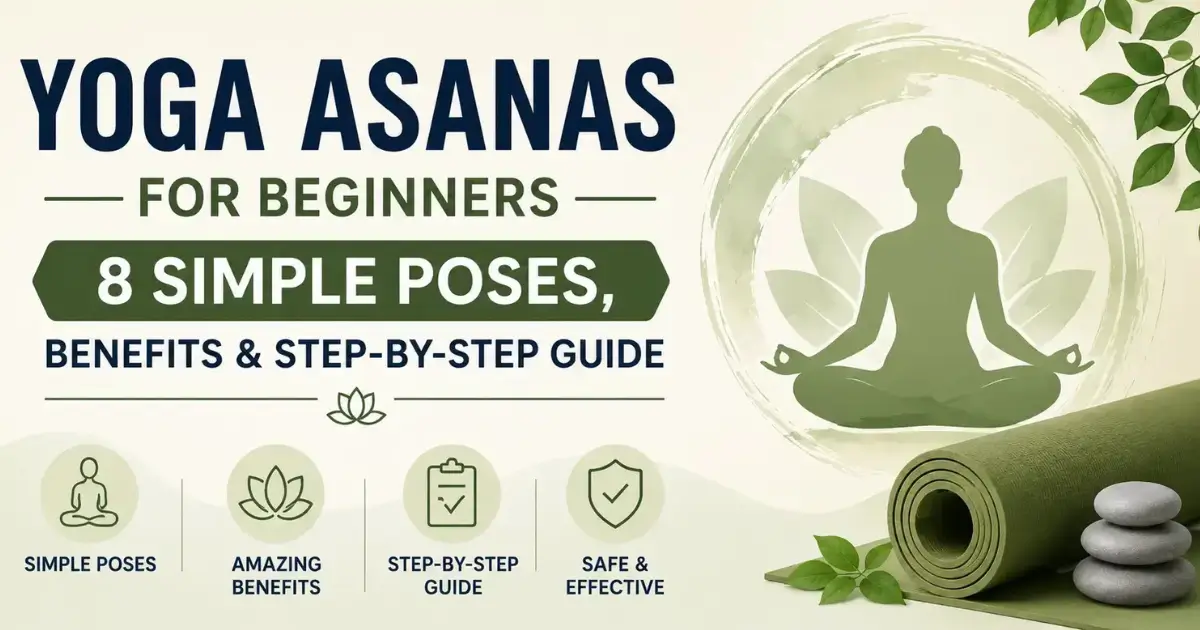 Yoga asanas for beginners featuring a meditation silhouette, yoga mat and beginner's to 8 simple yoga poses.