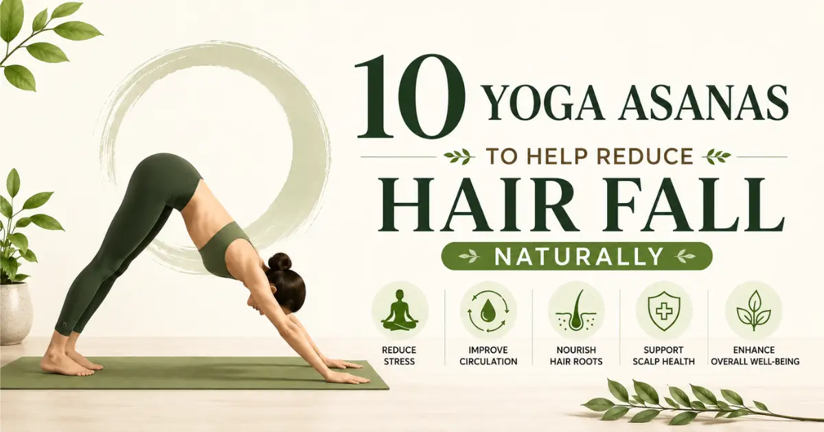 Illustration of a woman practising yoga with the text "10 Yoga Asanas to Help Reduce Hair Fall Naturally".