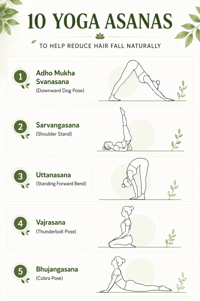 Illustrated guide showing five yoga asanas for hair fall: Adho Mukha Svanasana, Sarvangasana, Uttanasana, Vajrasana, and Bhujangasana.