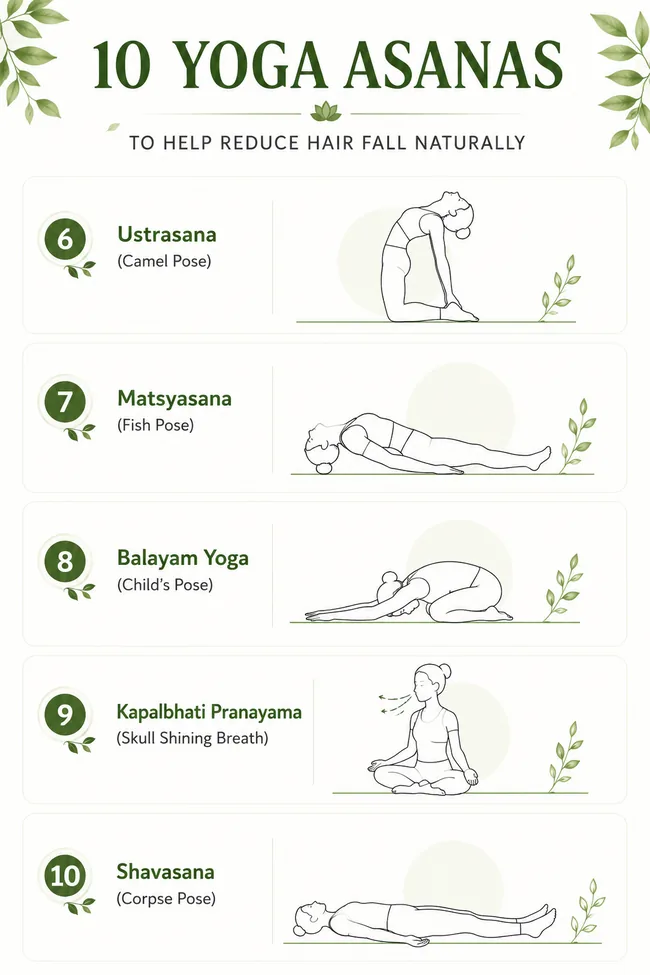 Illustrated guide showing five yoga practices for hair health: Ustrasana, Matsyasana, Balayam Yoga, Kapalbhati Pranayama, and Shavasana.