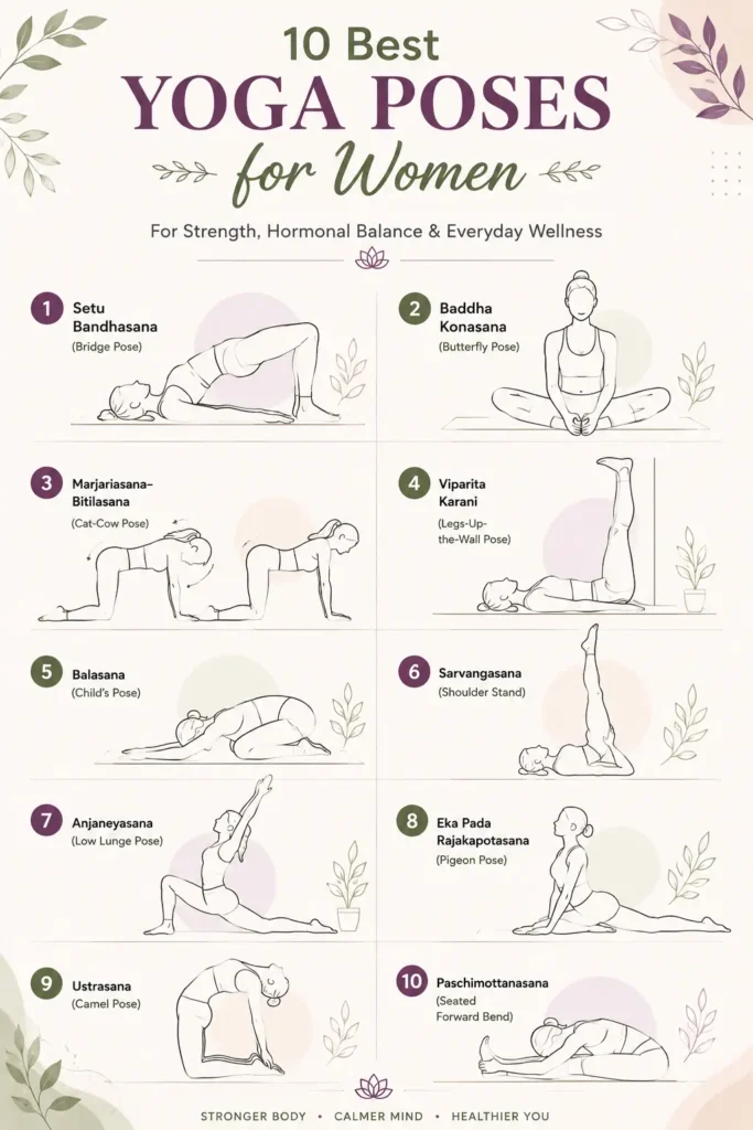 Yoga poses for women infographic featuring 10 beneficial asanas for strength, hormonal balance, and everyday wellness.
