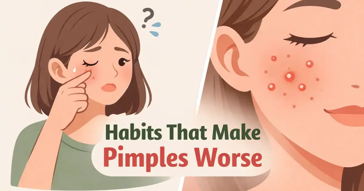 Daily habits that make pimples worse are illustrated with a girl touching her face and acne on her cheek