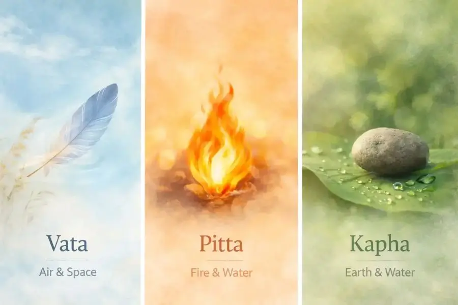 Vata, Pitta and Kapha doshas in Ayurveda are shown with natural elements — feather for Air & Space (Vata), flame for Fire & Water (Pitta), and stone on leaf with water droplets for Earth & Water (Kapha).