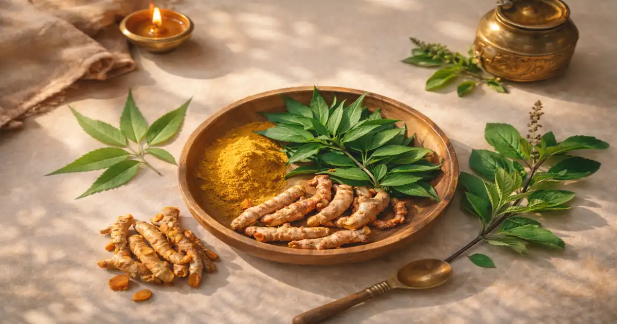 Turmeric, Tulsi, and neem in a wooden bowl with sunlight – Ayurveda natural healing concept.