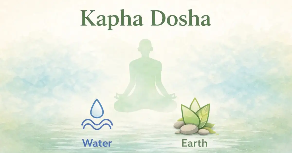 Kapha dosha illustration showing water and earth elements with a meditating figure in Ayurveda