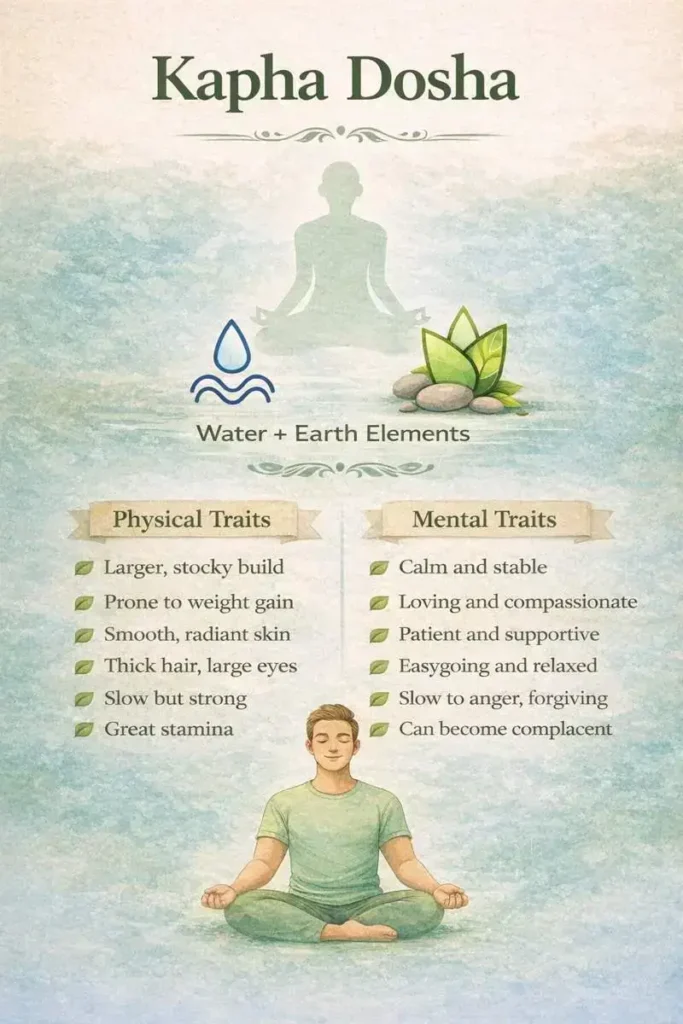 Kapha dosha physical and mental traits infographic showing characteristics of Kapha body type in Ayurveda