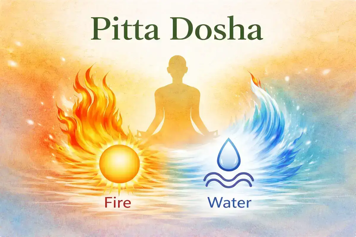 Pitta dosha illustration showing fire and water elements with a meditating figure in Ayurveda