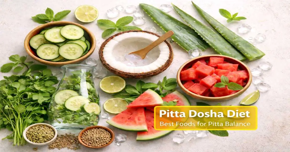 Cooling foods for Pitta dosha balance, including cucumber, coconut, mint, watermelon and aloe vera