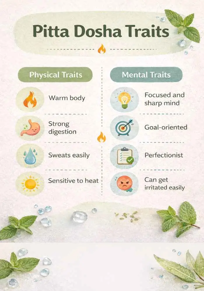 Pitta dosha traits infographic showing physical and mental characteristics in Ayurveda