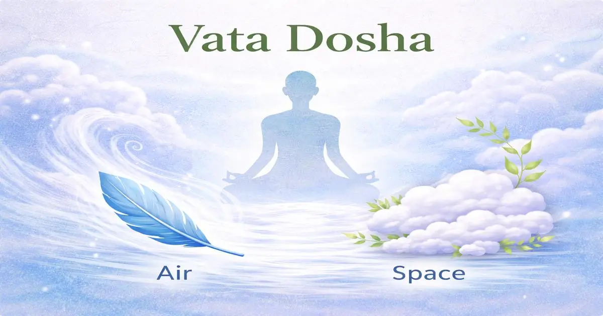 Vata dosha illustration showing air and space elements with a meditating figure in Ayurveda