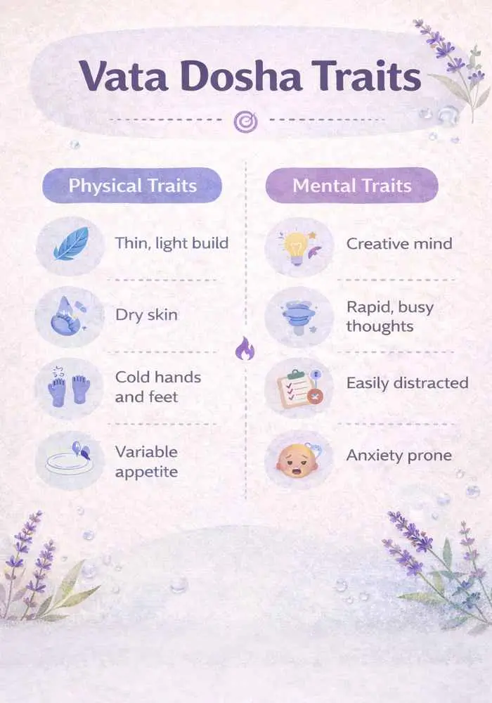 Vata dosha traits infographic showing physical and mental characteristics in Ayurveda
