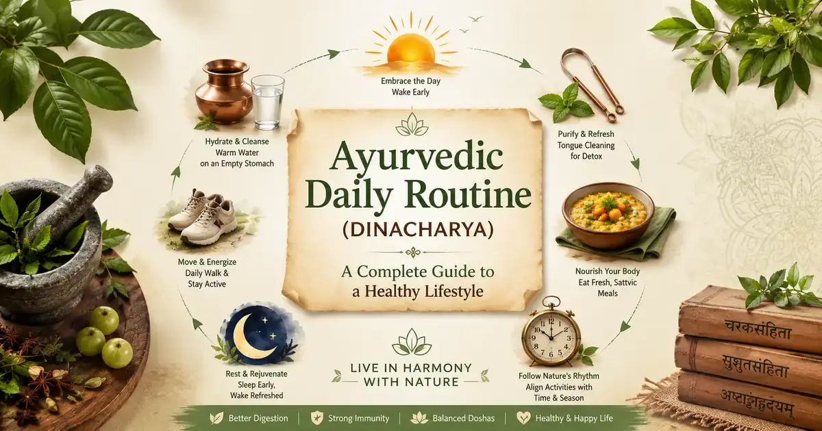 Ayurvedic Daily Routine (Dinacharya) infographic with healthy daily habits and Ayurvedic lifestyle practices