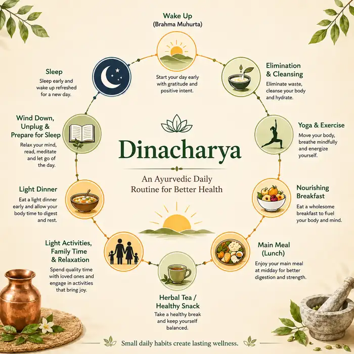 Illustration of the Ayurvedic daily routine (Dinacharya) showing the ideal daily schedule from waking up to sleeping in harmony with nature.