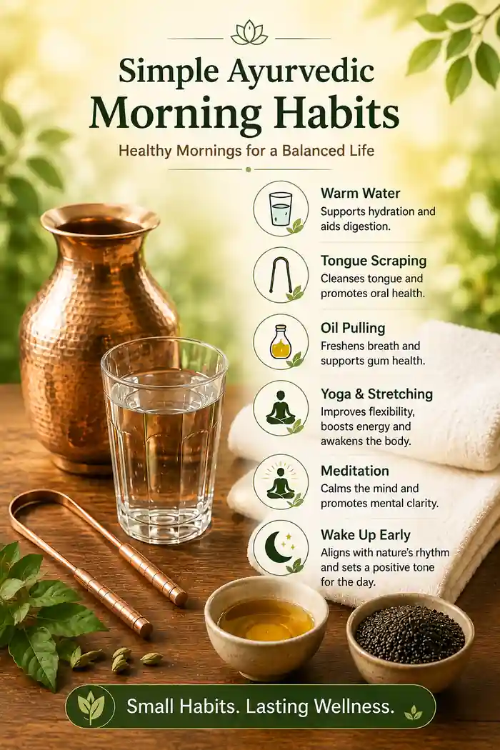 Simple Ayurvedic morning habits include warm water, tongue scraping, oil pulling, yoga, meditation, and waking up early for a healthy daily routine.