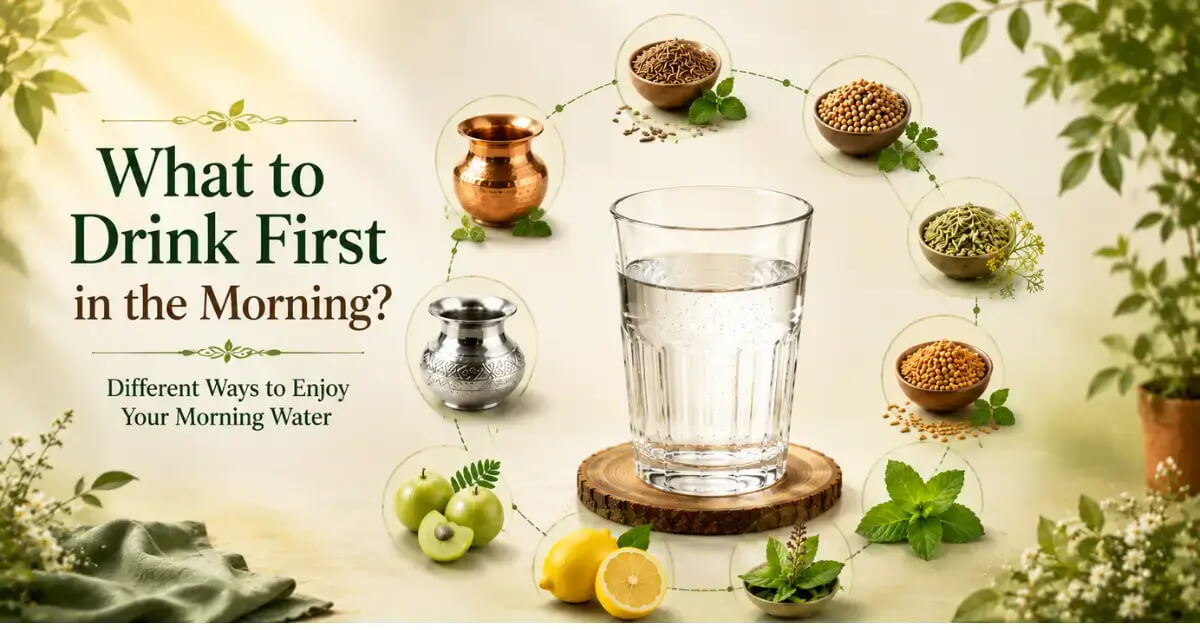 Illustration showing different ways to enjoy morning water, including plain, warm, vessel-stored, and naturally infused water.