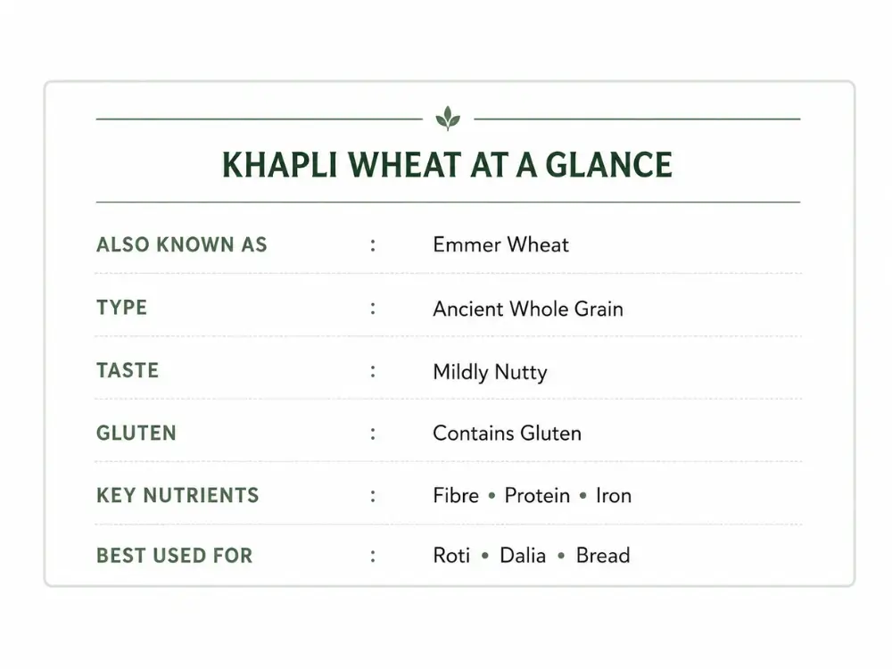 Khapli wheat at a glance, showing its type, gluten content, key nutrients, taste, and common uses.