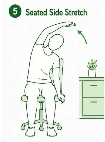 Person performing a seated side stretch with one arm reaching overhead