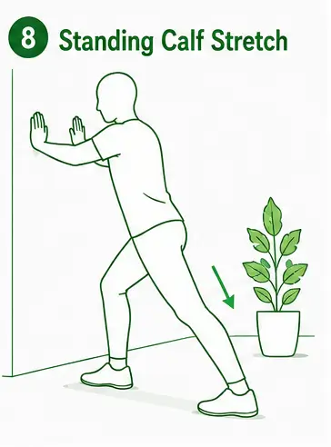 Person performing a standing calf stretch against a wall