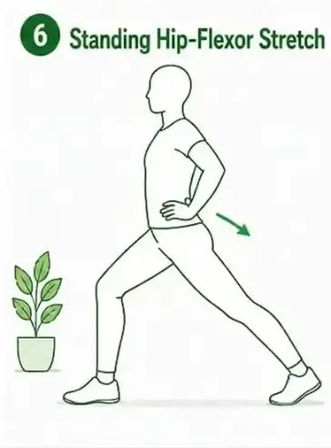 Person performing a standing hip-flexor stretch with one leg extended back