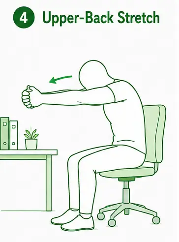 Person performing a seated upper-back stretch with hands clasped forward